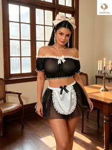 【EasDoing】3 Pieces Set Black and White Lace Mesh Off-the-shoulder Maid Uniform Set, Sexy Sheer Crop Top Apron Mini Skirt Cosplay Set, Pure Desire Hot Girl Lingerie, Date Outfit, Photogenic, Slim Fit, Summer Thin, Comfortable