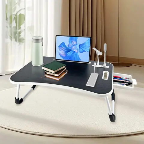 Foldable Laptop Desk - Large Wooden Folding Tray Table with Cup Holder, Drawer, USB Fan + Light, Adjustable Tiltable Tabletop, Durable Sturdy Design, Bed/Bedroom Use, Comfortable Viewing Angles, Easy to Carry & Store, Ideal for Students