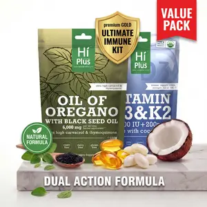 HiPlus Immune & Bone Support Bundle: Oil of Oregano (6000mg) with Black Seed Oil & Vitamin D3 (10,000 IU) + K2 (MK-7) with Coconut Oil - 2-in-1 Dual Action Wellness Kit - 300+300 Softgels