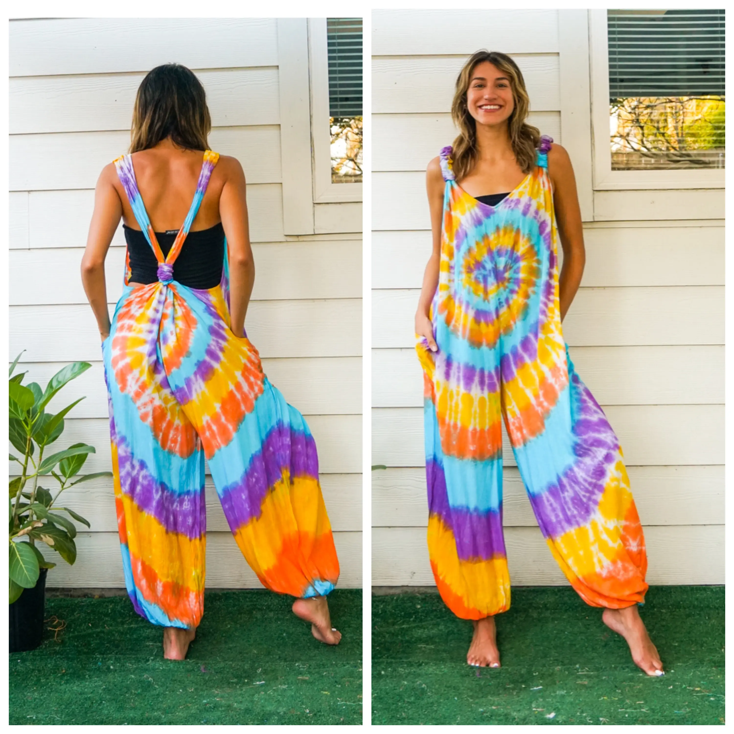 Tie Dye Hippie Dungarees Overalls Jumpsuits Rompers Pants