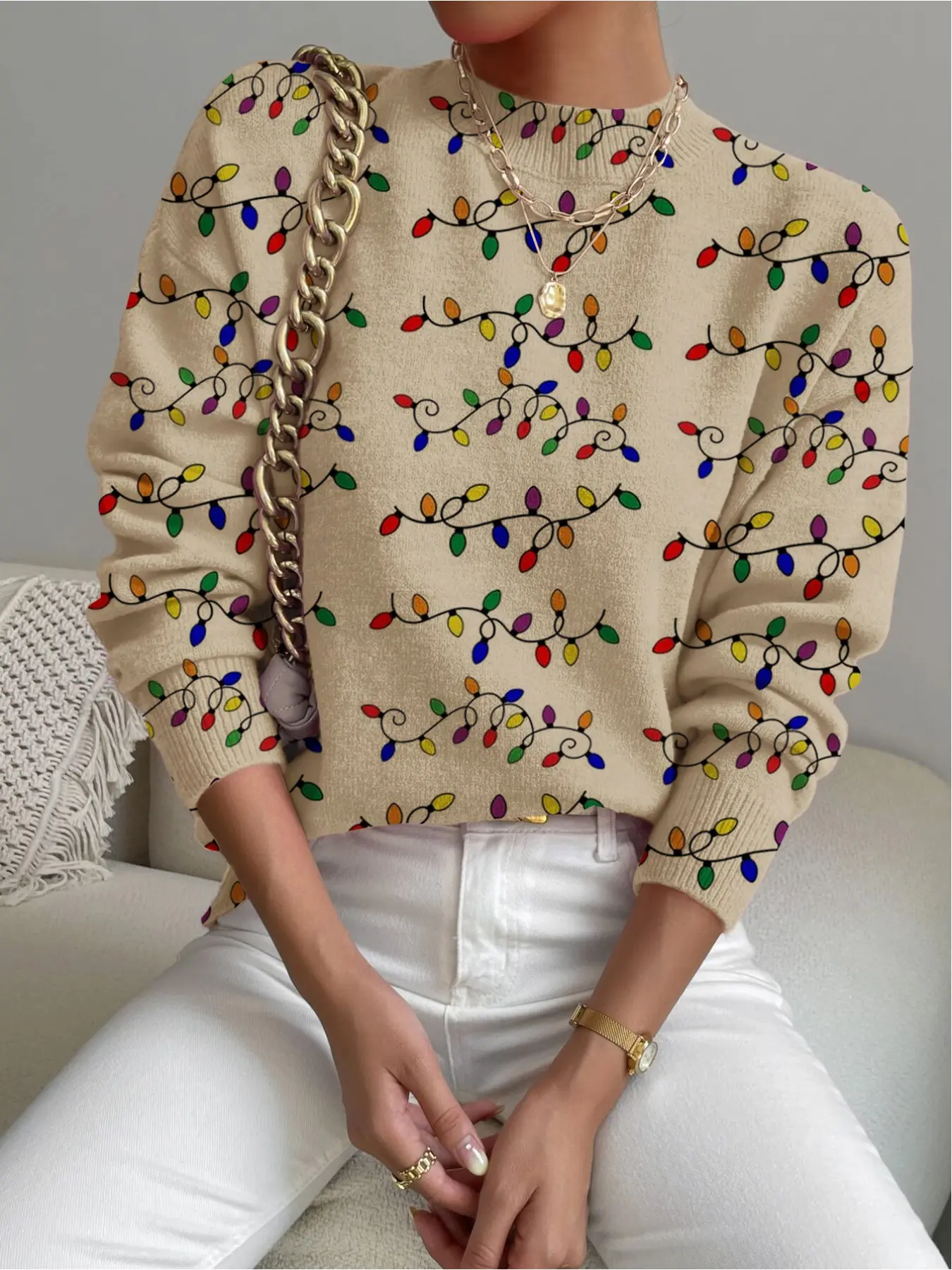 Women's Christmas Light String Printed Stand Collar Sweater, Fall Winter Casual Long Sleeve Knitwear, Comfortable Warm Daily Wear