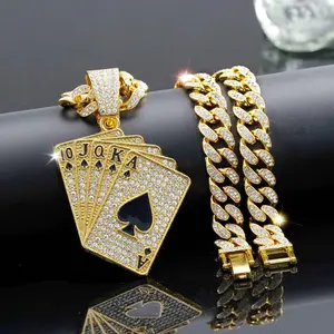 [SHUEN]14K Gold Plated Poker Pendant with Austrian Rhinestones Miami Cuban Link Chain Italy & Micro Inspired Unisex Hip Hop Necklace for Men & Women Jewelry,Daily Wear,Casual Fashion,Sporty Style,Gift Idea