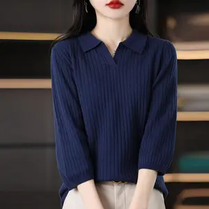 Women’s Spring/Autumn Cotton Knit Polo-Collar Turn-Down Collar Three-Quarter Sleeves Loose-Fit Slimming Base Layer