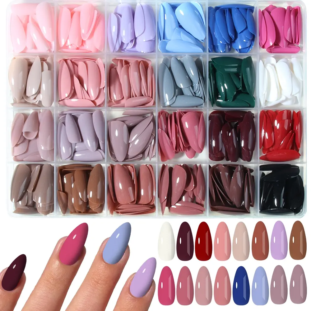 576pcs Long Almond Shape Glossy Fake Nails Tips Set, Perfect Fit, Blue Wine, Women Daily Use Party