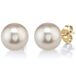 THE PEARL SOURCE Round White Freshwater Real Pearl Earrings in AAAA Quality for Women - 14k Gold Stud Earrings | Hypoallergenic Earrings with Genuine Cultured Pearls, 10.0-10.5mm