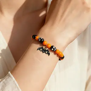 7 Pcs Halloween Beaded Bracelet Set – Natural Resin, Assorted Pumpkin/Ghost/Bat/Skull/Spider/Little Devil Charms, Costume Accessories, Party Decoration & Party Supplies, Trick-or-Treat Gifts, Perfect for Halloween outfit Stackable