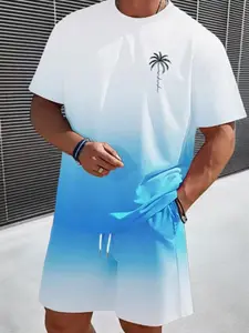 Summer Beach Style T-Shirt Set, Blue Gradient Round Neck Short Sleeve Fitted Top and Shorts, Tropical Palm Tree Print for Casual Beach Wear