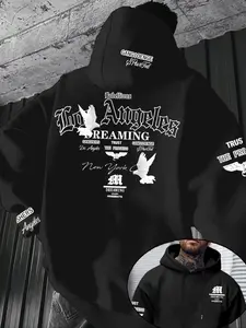 Men's Los Angeles Theme Graphic Print Hoodie, Vintage Casual Streetwear, Fitted Graphic Sweatshirt, Fall & Winter Fashion, H Type Silhouette