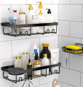 Adhesive Shower Caddy - No-Drill Modern Metal Bathroom Organizer with Smooth Hollow, Waterproof Rust-Proof Shelves, Removable Hooks and Wall-Mounted Holder