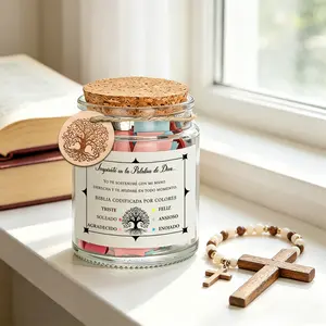 1 Set Spanish Emotional Bible Verse Jar with Color Coded Scripture Cards, Inspirational God’s Word Notes in Spanish for Different Moods, Christian Religious Gift, Star Border & Tree of Life Charm, Cork Lid Glass Prayer Jar