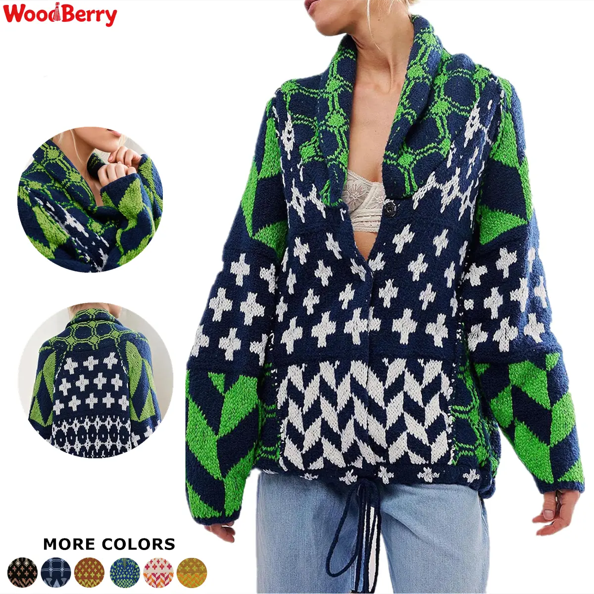 WoodBerry Women's Sweater Cardigans Long Sleeve Drop Shoulder Chunky Knit Plaid Shawl Collar Coats Y2k Oversized Geometric Checkered Print Knitwear summerwins Casual Womenswear