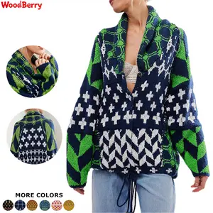 WoodBerry Women's Sweater Cardigans Long Sleeve Drop Shoulder Chunky Knit Plaid Shawl Collar Coats Y2k Oversized Geometric Checkered Print Knitwear summerwins