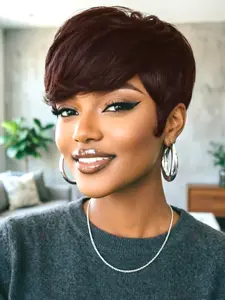 Natural Color Brown Wavy Pixie Cut Wig,  Short Human Hair Wig with Bangs, Full Machine Made for Daily, Party & Casual Wear