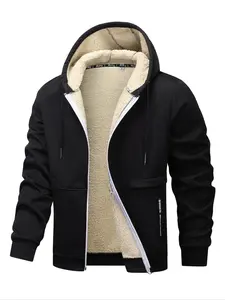 Men's Regular Fit Solid Pocket Drawstring Zip Up Hooded Jacket, Casual Fashion Jacket, Casual Long Sleeve Thermal Lined Outerwear for Fall & Winter, Men's Clothes for Daily Wear