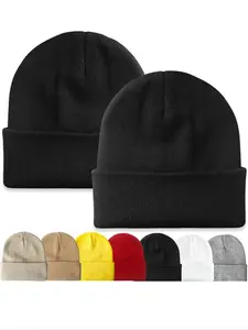 2Pcs-Unisex Multicolor Knit Beanie Hat, Casual Fitted Style for Fall & Winter, Comfortable Plain Design for Men Women, Knitted Hat