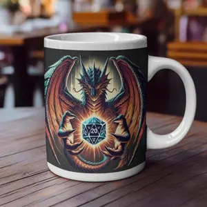 DnD Dice Coffee Mug 11 oz or 15 oz, Magic Dragon Hot Chocolate Mug, Cute Magic and Christmas DnD Gift for Husband and Wife and Board Gamers