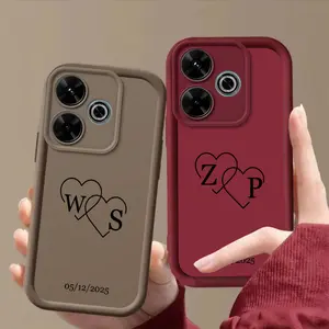 Phone Case - Custom Couples Interlocking Hearts Initials And Date Phone Case, Personalized Signature Monogram, Matte Shockproof Protective Cover for Redmi 13, 13C, 13R, 14C, 15, 15C, A3 PRO, A4, Poco C65, Poco M6 Pro