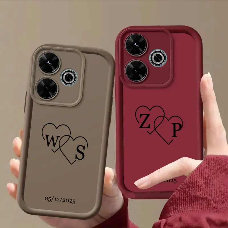 Phone Case - Custom Couples Interlocking Hearts Initials And Date Phone Case, Personalized Signature Monogram, Matte Shockproof Protective Cover for Redmi 13, 13C, 13R, 14C, 15, 15C, A3 PRO, A4, Poco C65, Poco M6 Pro