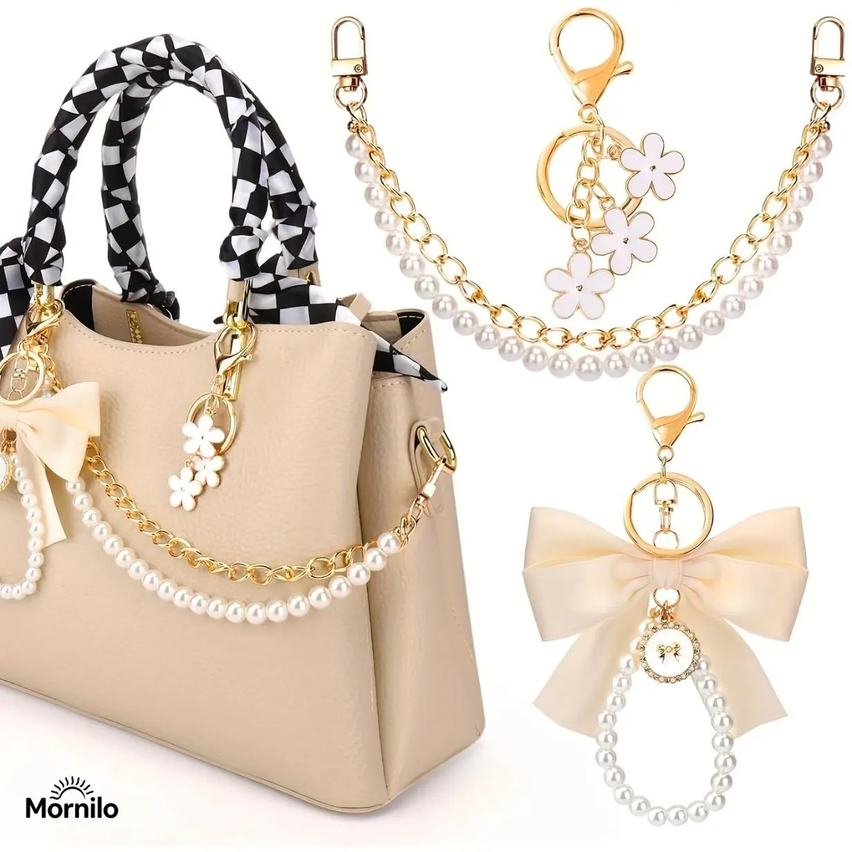 Luxury Chic Metal Bag Charm & Keychain Set, Mini Handbag Purse Charms with Pearl Accents & Gold Hardware,  Aesthetic Bag Accessories for Tote, Crossbody, Shoulder Bag & Backpack, Viral Handbag Decorations, Cute Gift for Women, Girls & Best Friend