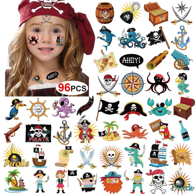 Pirate Tattoos(96Pcs), Konsait Pirate Temporary Tattoo Fake Neverland Pirated Cannon Powder Jake Captain Tattoo Body Sticker for Pirate Birthday Party Favors Supplies Kids Boys Girls Party Bag Filler Gift
