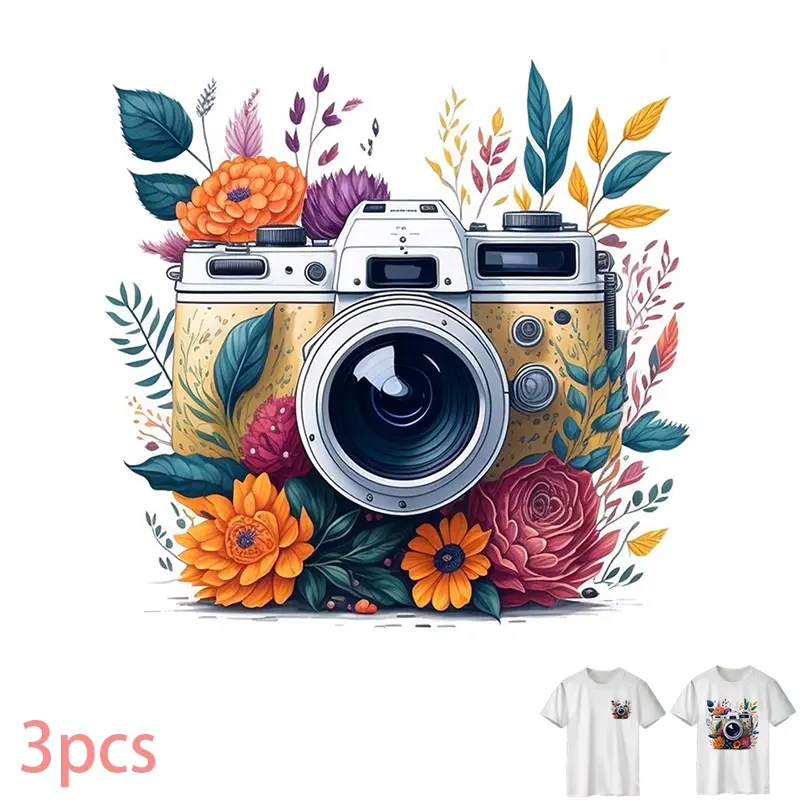 Floral Camera Pattern DIY Heat Transfer Vinyl, Durable PVC Material for T-shirts, Jeans, Hoodies, Backpacks, Washable Iron-On Decal, Design Only