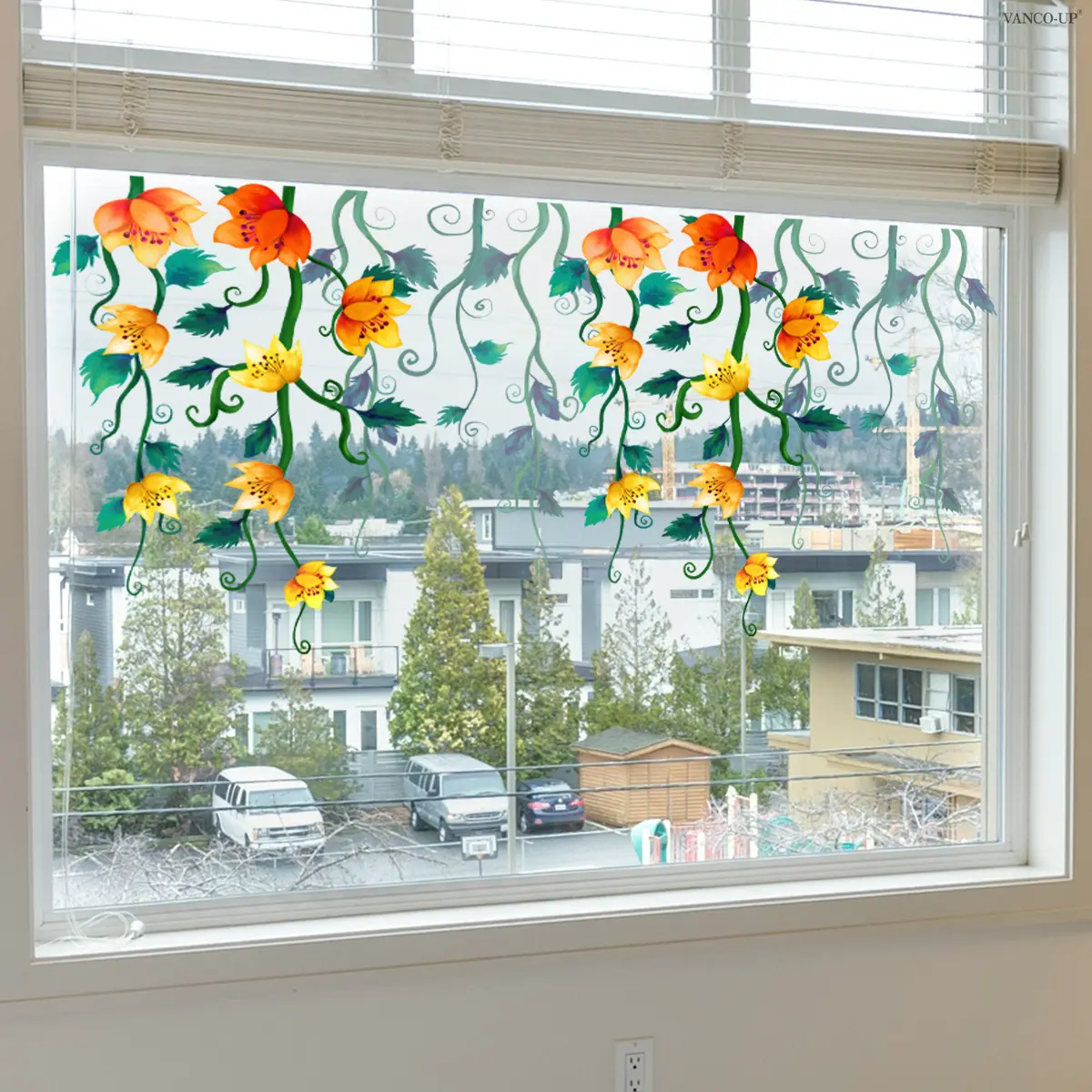 A set (30*60cm*2pcs) of spring and summer orange-yellow gradient flower and vine flat static stickers for decorating window stickers, window display and home background beautification, D22085, Floral Pattern Sticker