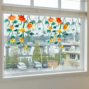 A set (30*60cm*2pcs) of spring and summer orange-yellow gradient flower and vine flat static stickers for decorating window stickers, window display and home background beautification, D22085