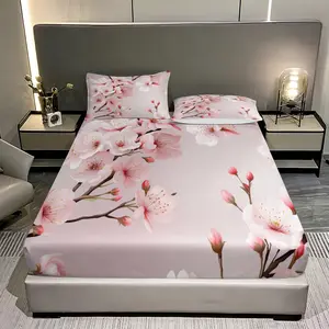 Three pieces with light background and pink cherry blossom patterns Print Fitted Sheet Set (1 Fitted Sheet + 2 Pillowcases), Bedroom or Guest Room Use, Bed Sheets Set