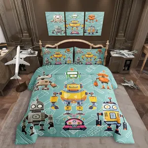 Cartoon Robot Comforter Set for Kids,Colorful Intelligent Machine Graffiti Bedding Set,Teens Boys Room Decor,Kids Boys Teal Comforter for All Seasons
