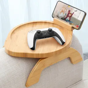 Bamboo Clip-on Couch Arm Tray Table with 360° Phone Holder, Foldable Sofa Armrest Tray for Eating Drinking Snacks Coffee TV Remote