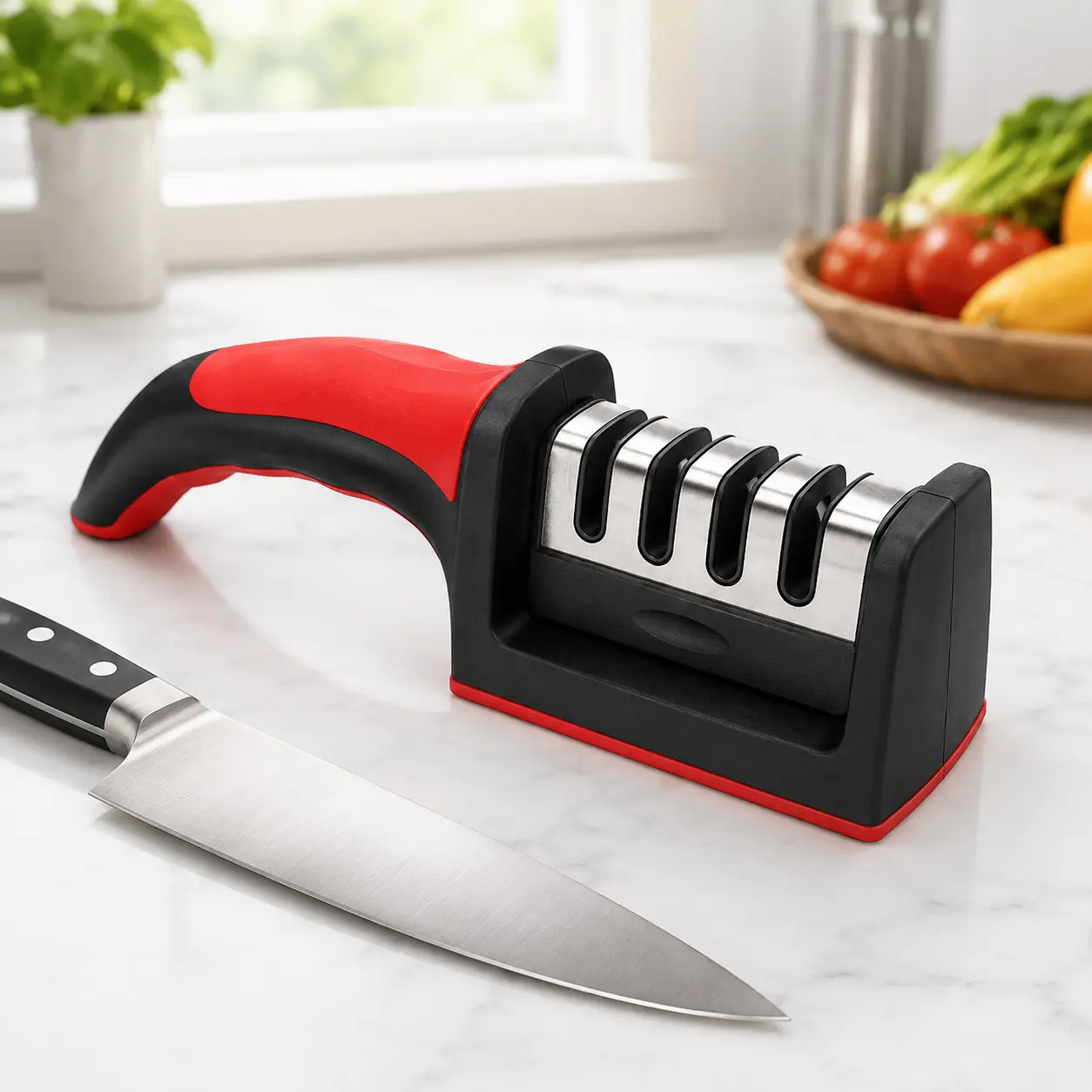 4-Stage Professional Ergonomic Manual Kitchen Knife Sharpener with Non-Slip Rubber Grip - Durable, No Battery Tool for Sharpening Stainless Steel, Plastic, Ceramic Knives; Repairs, Restores, Polishes via 4 Slots for Home Use Precision shopping deals