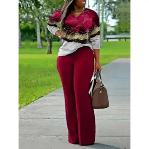 All Over Print Two-piece Set, V Neck Long Sleeve Top & Wide Leg Pants Outfits, Women's Clothing