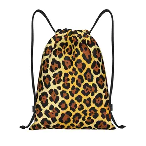 Classic Leopard Print Drawstring Bag, Unisex Fashion Street Style Water Resistant Backpack, Lightweight Cinch Sack for Sports, Gym, Beach & Casual Use