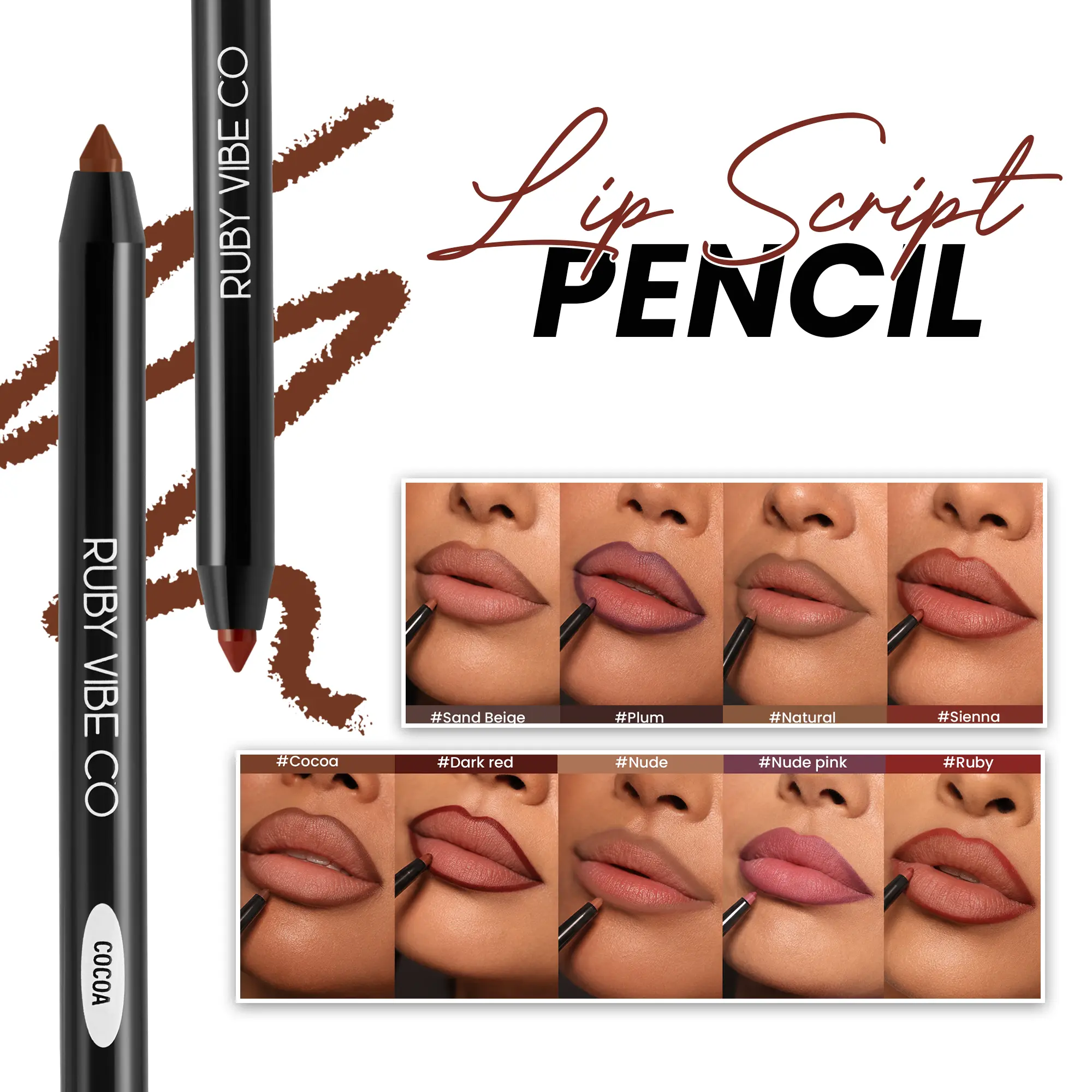 RUBY VIBE CO Lip Script Lip Liner Pencil, Long-Wearing Lip Pencil with Smooth Glide, Smudge-Resistant Lip Liners, Precision Lip Contour, Available in 9 Shades Including Mauve Lip Liner Tones
