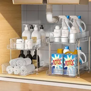 2 Sets 2 Tier Clear Under Sink Organizers and Storage with Dividers, Multi Purpose Stackable Bathroom Organizer, kitchen organizers and storage easy to clean bathroom counter organizer