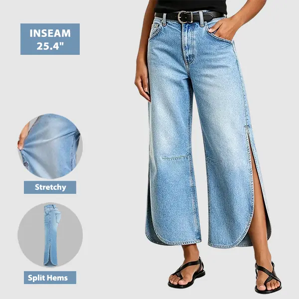 Flamingals Wash Split Mid Waist Wide Leg Crop Jeans Without Belt Stretchy 25.4'' Inseam