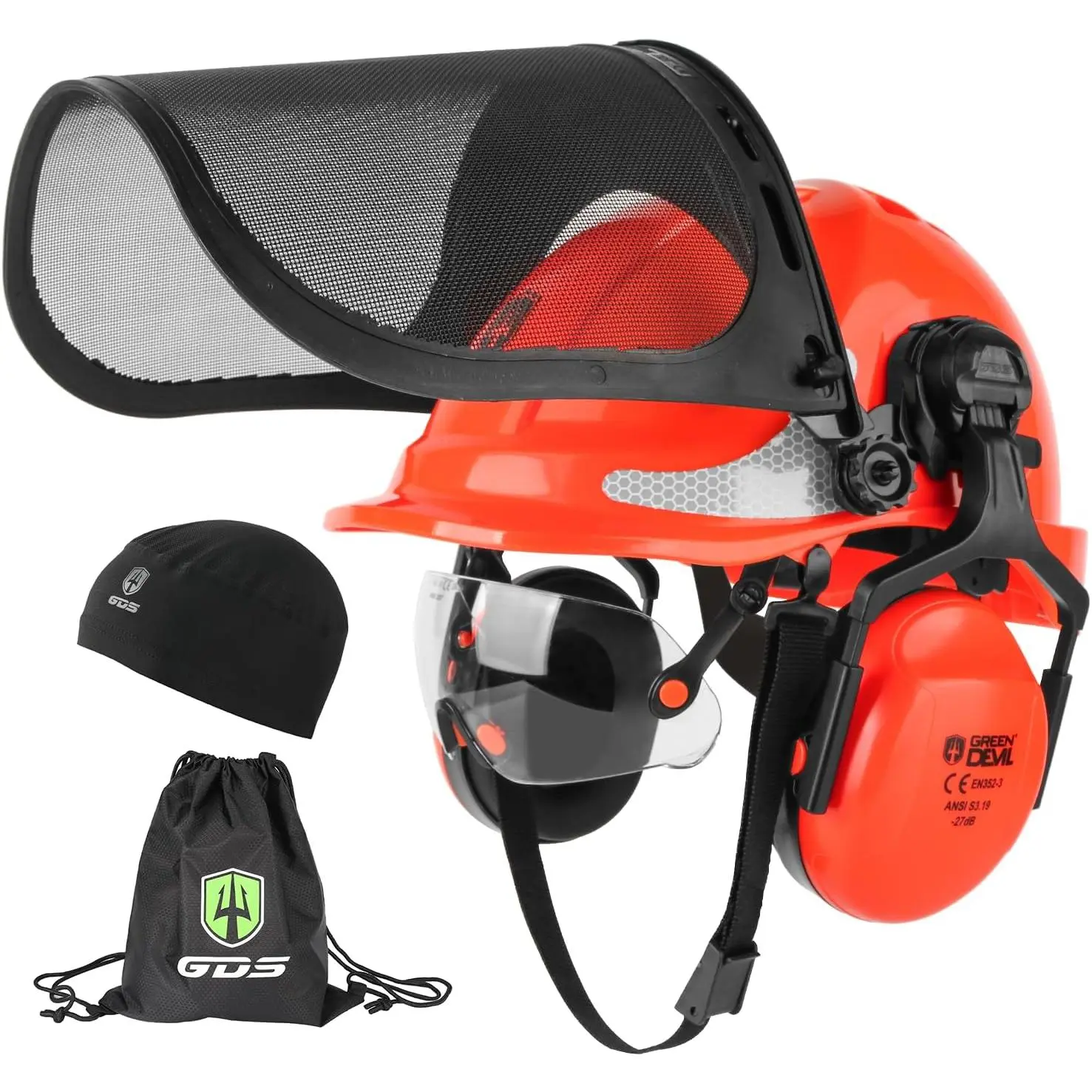 All-in-1 4-in-1 Design Forestry Chainsaw Hard Hat for Arborists, Full Coverage, Adjustable Visor, Mesh Face Shield, Ear Muffs, 6-Point Venting Suspension, 53-63cm Adjustable Fit for Chainsaw Work, Forestry Tasks, Draw String Bag Compatible, 4-In-1 Forestr