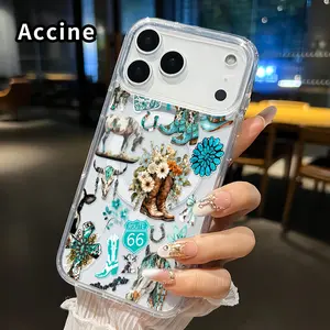 Magnetic Phone Case for iphone for 17 Pro Max 16 Plus 15 14 13 12 11 Air XR E Cowboy Cactus Caper Pattern Non-Yellowing Shockproof Soft Silicone Transparent Acrylic Large Hole Cover Supports Wireless Charging