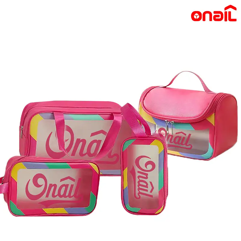 ONAIL Colorful Women's Travel Toiletries Bag 4-Piece Set with Handle, Large Capacity Translucent Waterproof Travel Cosmetic Bag, Durable PVC Material