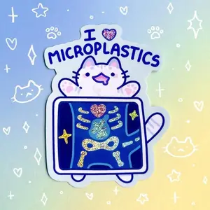 [FLASH SALE] I Love Microplastics Holographic Waterproof Sticker Cute Cat Kitten Eating Plastic X-Ray Vet Visit Pollution Laptop Water Bottle