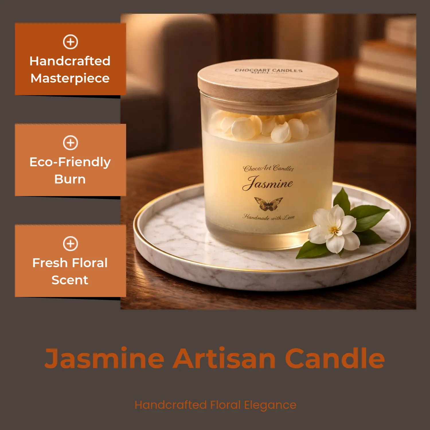 Jasmine Artisan Candle 100% Soy Wax -Warmer Lamp Compatible
