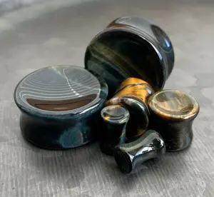 PAIR of Stunning Concave Blue Tiger Eye Organic Stone Plugs - Gauges 6g (4mm) up to 1" (25mm)