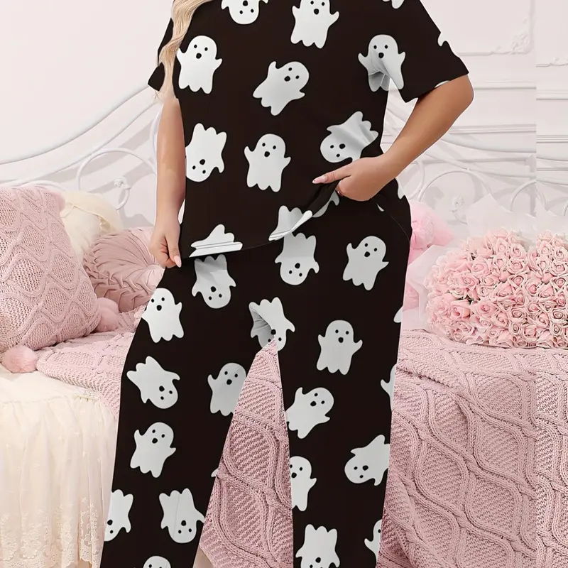 [plus Size] Two-piece Set Halloween Themed Ghost Print Tee & Elastic Waist Pants Pyjama, Casual Comfy Round Neck Short Sleeve T-shirt & Trousers Set, Women's Sleepwear & Loungewear for All Seasons