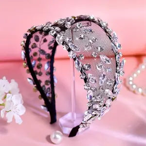 Elegant Rhinestone Headband with Black Mesh - Wide, Minimalist Style for Daily Wear, Weddings, and Formal Events, Perfect for Brides and Groomsmen, Wedding Headband | Minimalist Headband | Rhinestone Embellishments, Headband