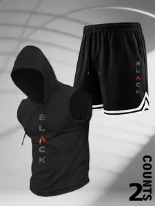 Men's two-piece sportswear, black letter patterned hooded sleeveless top and shorts set, Athletic Tracksuit Set, suitable for gym training, basketball sports, and street fashion. Durable printed design meets the needs of energetic and trendy men