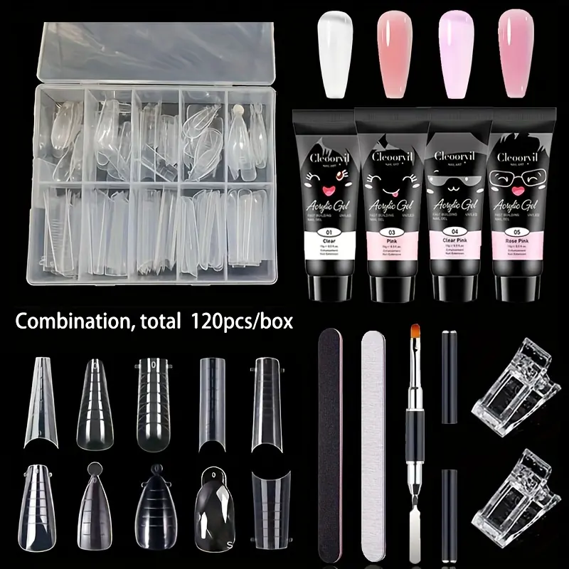 Nail Extension Set Nail Gel Set 1 Box Of 120PCS Containing 10 Types Of Nail Molds 4 Nail Crystal Extension Glue Finger Free Convenient Phototherapy Glue Nail Mold Durable And Firm With Nail Enhancement Tool Set