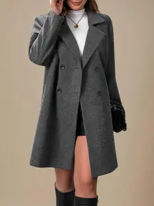 Plus Size Women's Solid Color Double Breasted Classic Wool Blend Long Sleeve Coat, Elegant Outerwear for Spring Autumn Winter