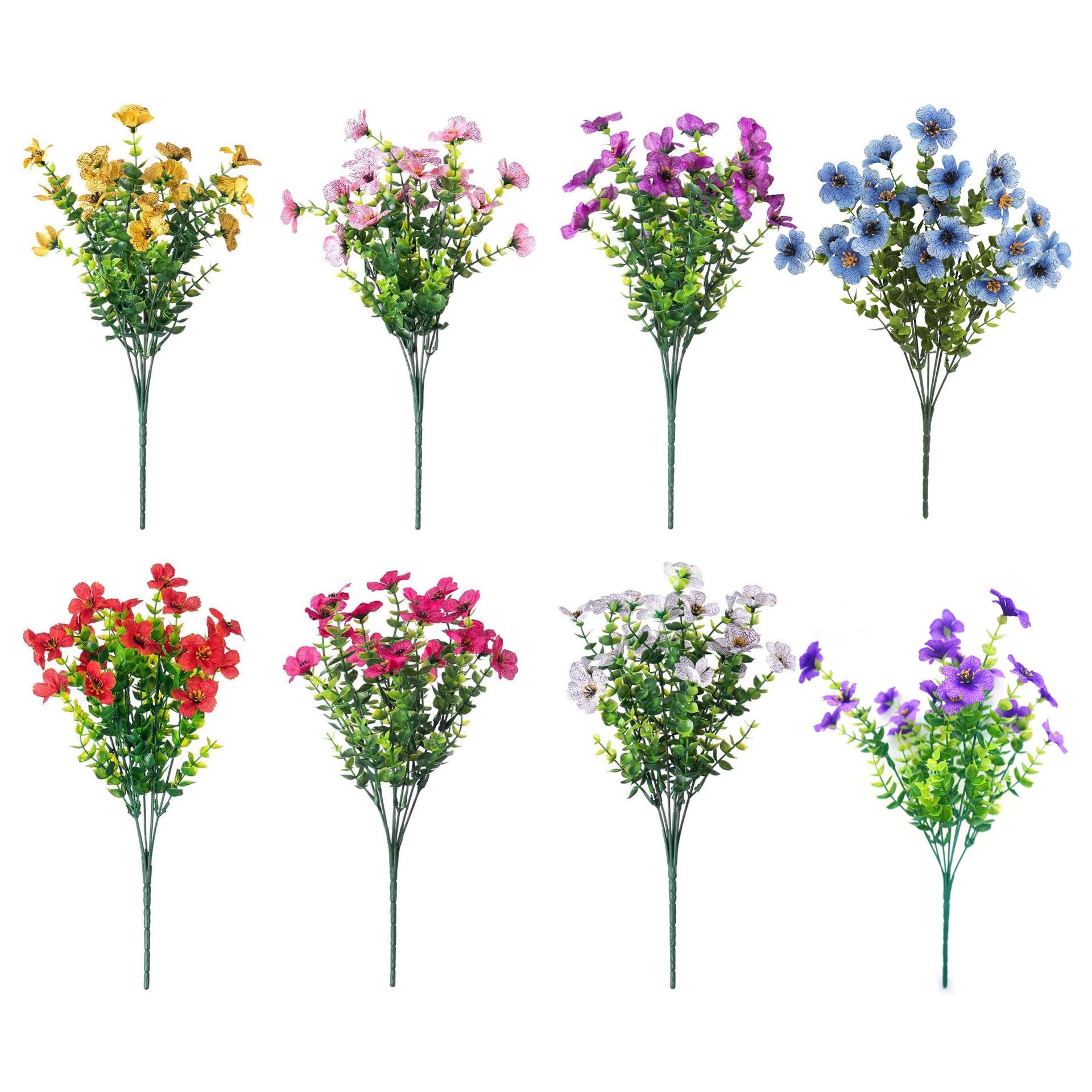 Artificial mixed flowers, 8 pieces/set, outdoor UV-resistant colorful artificial flowers, fake outdoor flowers, eucalyptus and violet, decorative flowers, decorative bouquets suitable for home, garden and porch decoration