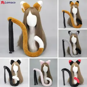 Plush Cat Fox Ear and Tail Lolita Girl Cosplay Accessories Furry Animal Ears Bendable Tail with Adjustable Belt Masquerade Party