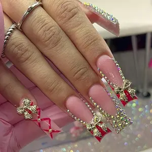 24pcs Edge Rhinestone Bow Nail Tips, Handmade Detachable Fake Nails, Glossy Finish, Includes Jelly Glue and File, No Adhesive Needed